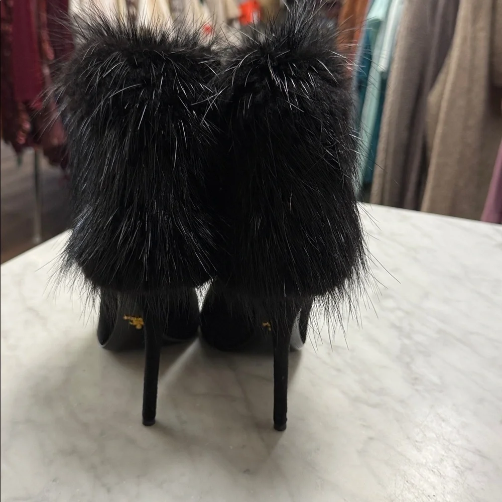 Prada Fur Trim Stiletto Heel Pointed Toe Bootie Size 38